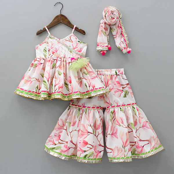 Vibrant Blossom Ensemble: Multicolor Floral Top with Sharara and Gota Lace Dupatta 1901