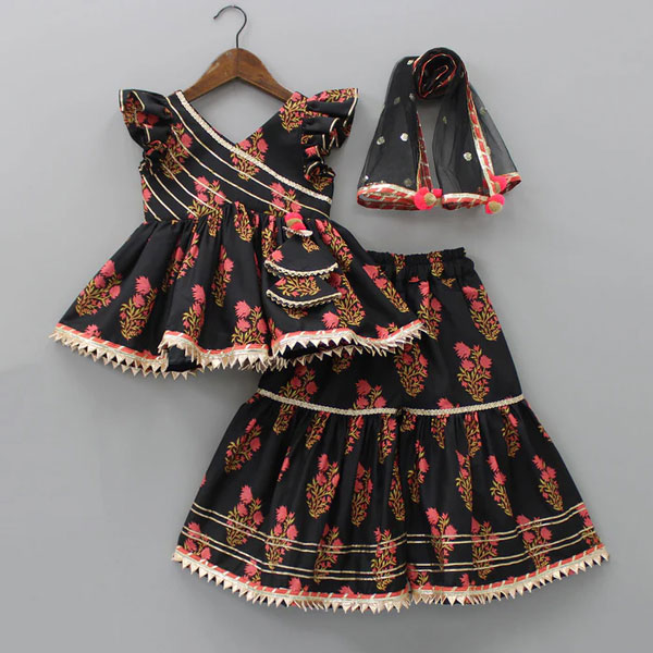 Vibrant Blossom Ensemble: Multicolor Floral Top with Sharara and Gota Lace Dupatta 1902