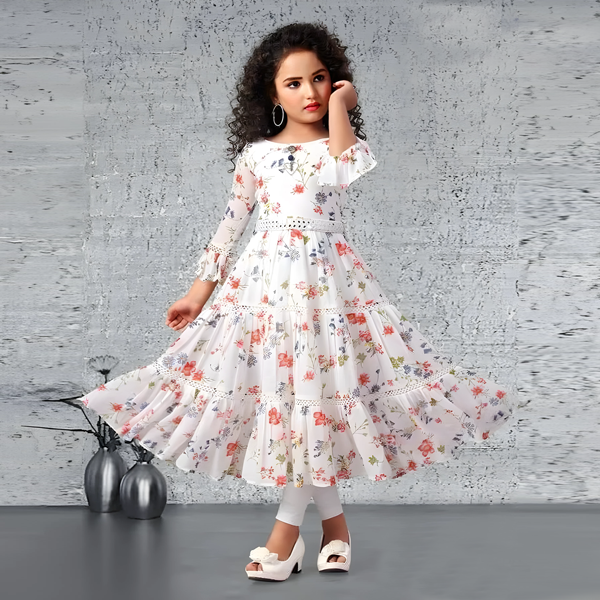 Elegance Bloom – White Floral Layered Party Dress for Girls 1782