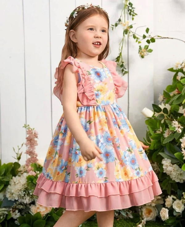 Boho Blossom – Belle – Pink Floral Ruffle Dress for Girls 1781