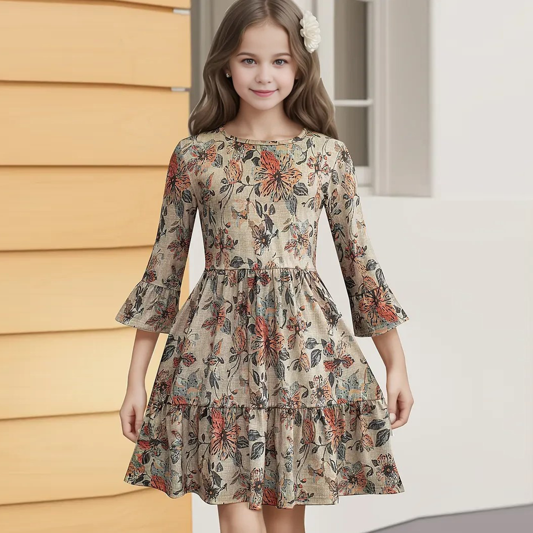 Autumn Bloom – Beige A-Line Floral Dress with Flared Sleeves for Girls 1777