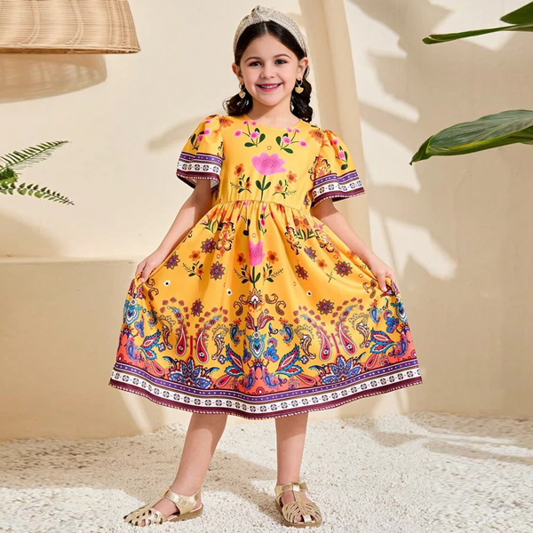 Boho Blossom – Bright Yellow Floral & Border Print Dress for Kids 1776