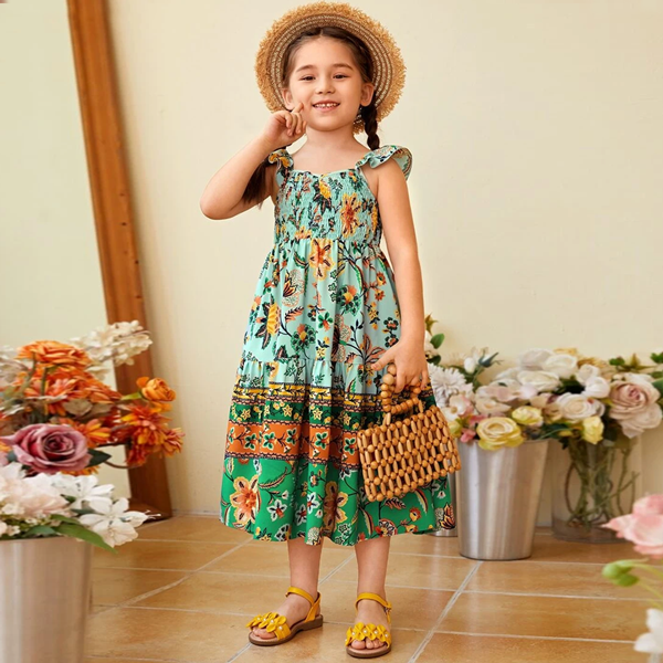 Summer Meadow – Bohemian Floral Smocked Midi Dress for Girls 1778