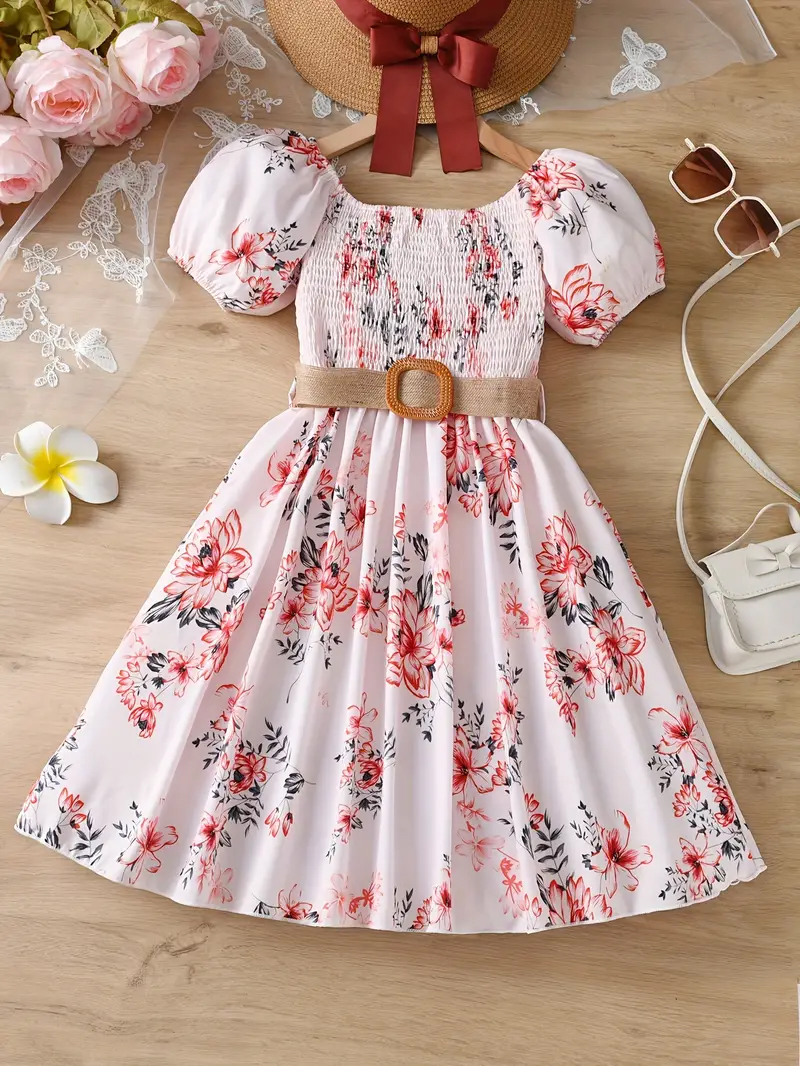 Flower Gown Elegant Floral Fit & Flare Summer Dress for Girls with Belt 1725