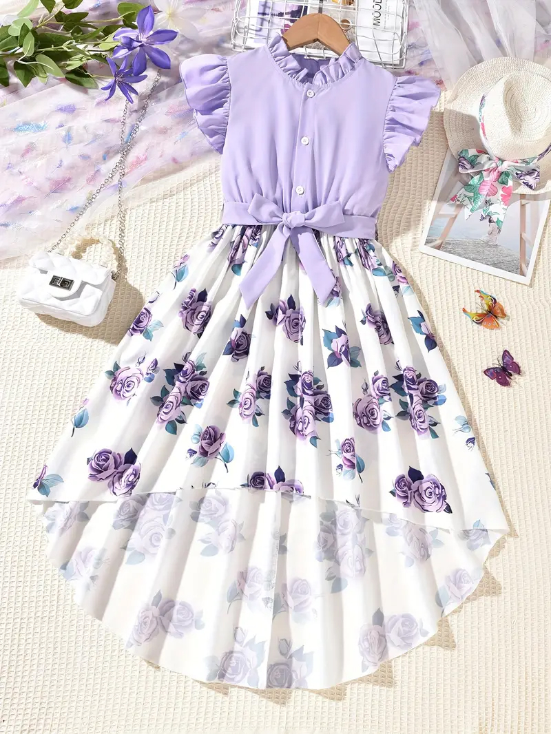 Fashionable Girls Floral Splicing Dress with Ruffled Detail & Adjustable Belt 1731