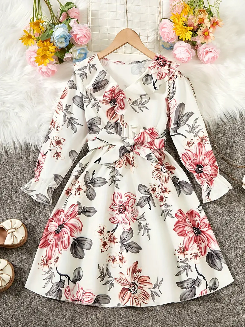 Flower Gown Elegant Floral Fit & Flare V Neck Ruffle Trim Long Sleeve Party Dress For Baby Girls 1726