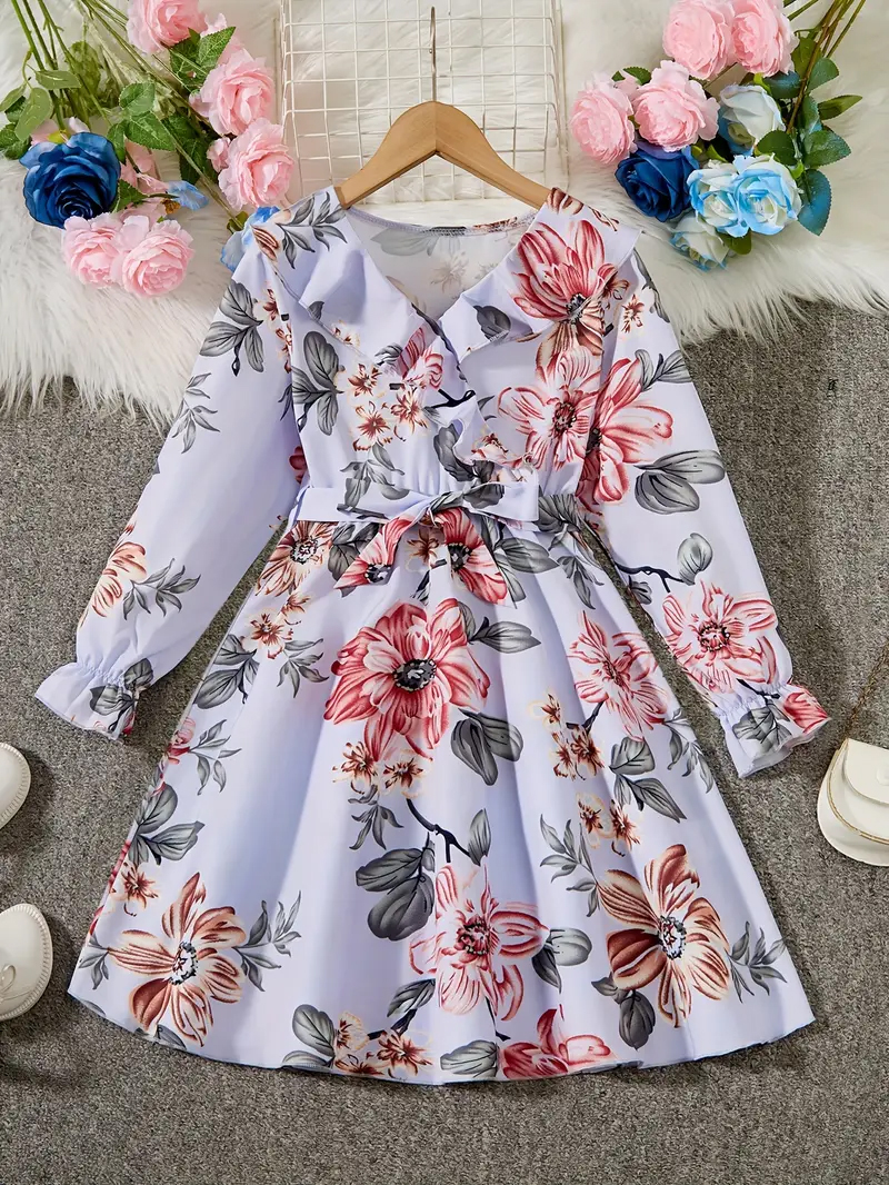 Flower Gown Elegant Floral Fit & Flare V Neck Ruffle Trim Long Sleeve Party Dress For Baby Girls 1727