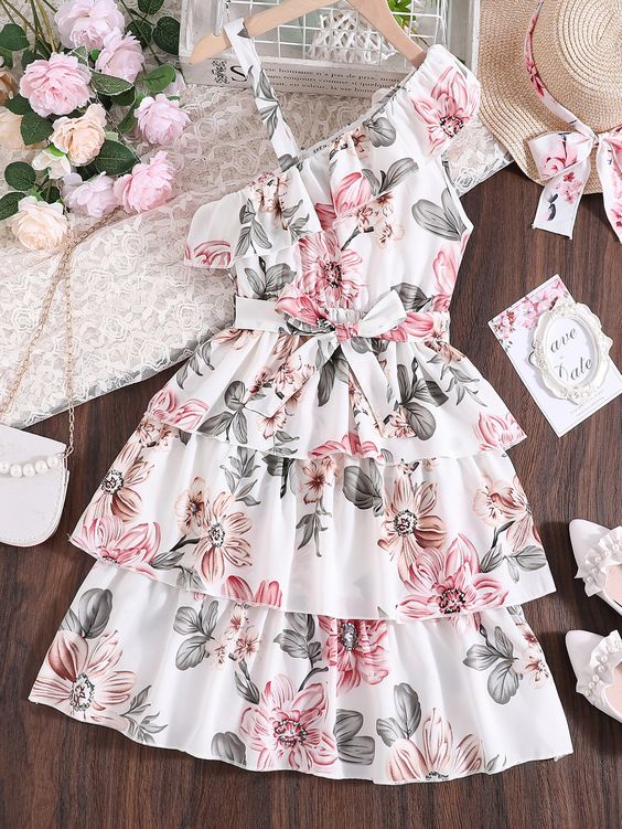 Flower Gown Elegant Floral Fit & Flare neckline and ruffle stripes sleeveless Party Dress For Baby Girls 1728