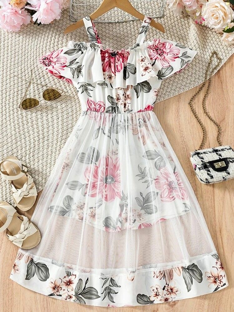 Flower Gown Elegant Floral Fit & Flare Cold Shoulder Ruffle Trim Contrast Mesh Party Dress For Baby Girls 1729
