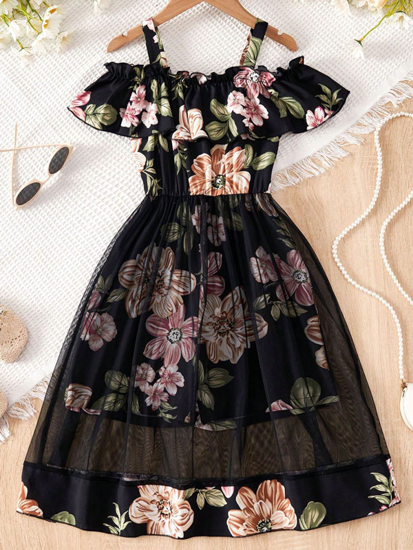 Flower Gown Elegant Floral Fit & Flare Cold Shoulder Ruffle Trim Contrast Mesh Party Dress For Baby Girls 1730