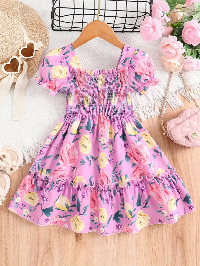 Adorable Girls Floral Puff Sleeve Dress Trendy Wear Party Dress For Baby Girls 1743