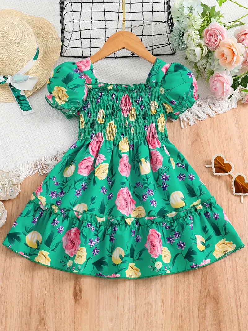 Adorable Girls Floral Puff Sleeve Dress Trendy Wear Party Dress For Baby Girls 1744