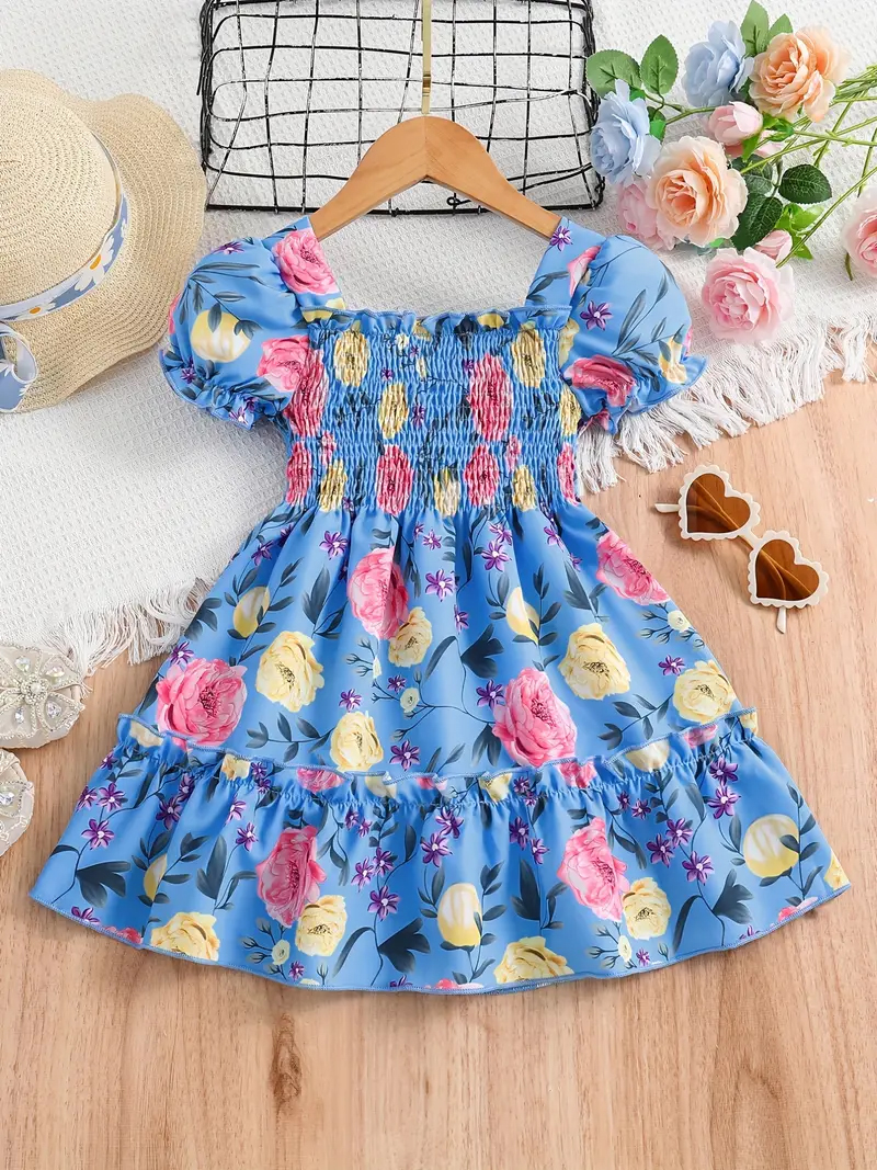 Adorable Girls Floral Puff Sleeve Dress Trendy Wear Party Dress For Baby Girls 1745