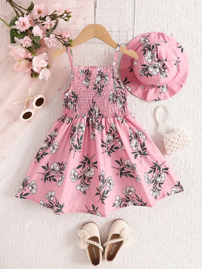 Baby Girl Floral Print Bow Front Cami Dress & Hat, (Baby Jama And Tupi) 1753