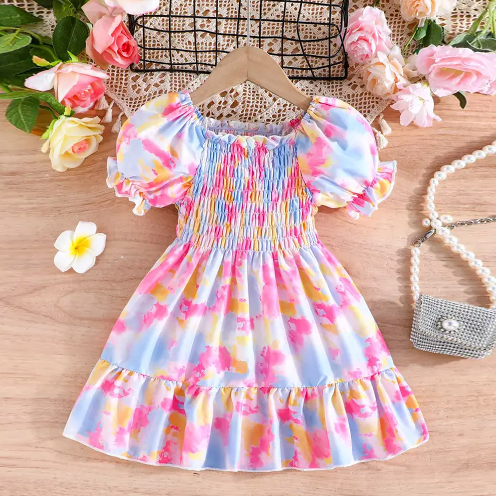 Adorable Girls Floral Puff Sleeve Dress deep die print Party Dress For Baby Girls 1737
