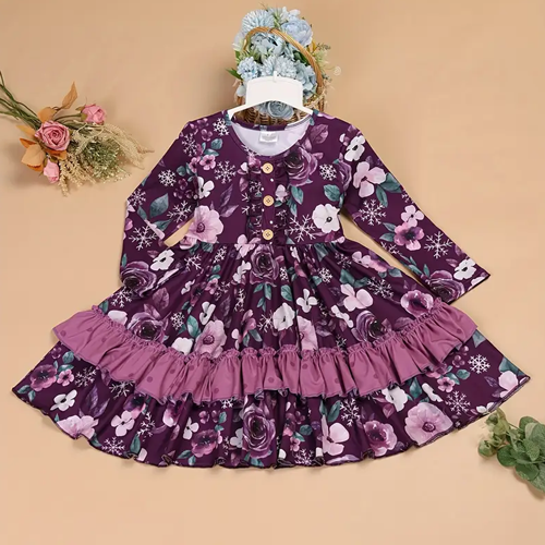 Girls Twirl Dress - Purple Floral Ruffle Party Dress with Buttons 1771