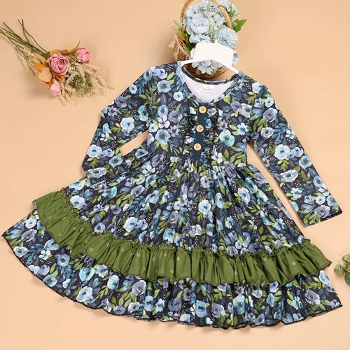 Girls Twirl Dress - Purple Floral Ruffle Party Dress with Buttons 1772