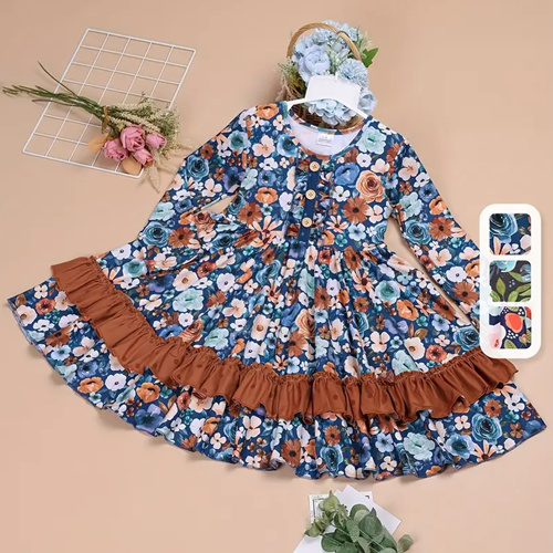 Girls Twirl Dress - Purple Floral Ruffle Party Dress with Buttons 1773