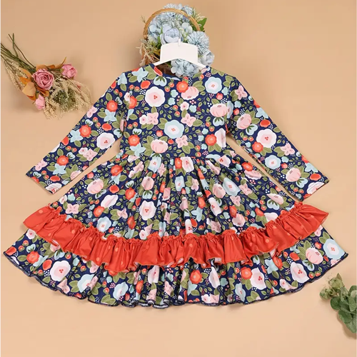 Girls Twirl Dress - Purple Floral Ruffle Party Dress with Buttons 1774