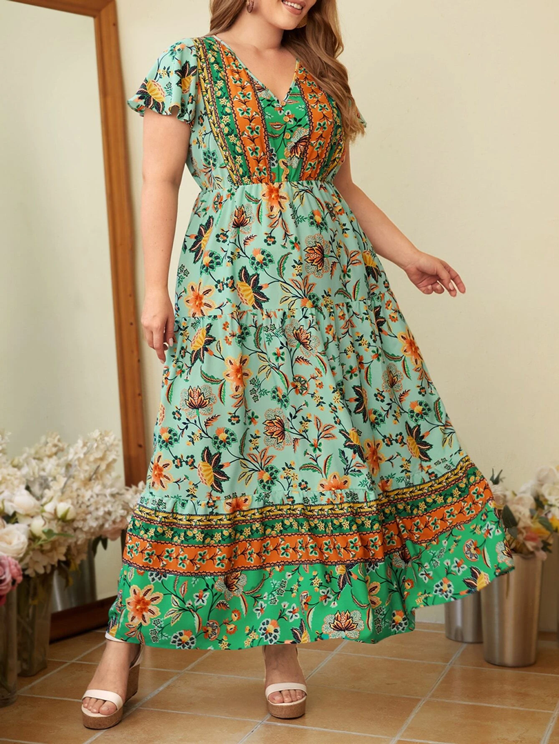 Tropical Blossom – Boho Floral Print V-Neck Maxi Dress for Women 1779