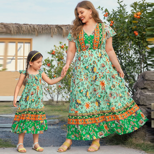 Tropical Bloom – Matching Mother and Daughter Boho Floral Maxi Dress Set 1780