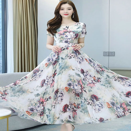 Party Evening Casual Print Maxi Gown Dress Short Sleeve For Women Dress 1601