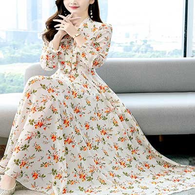 Chines Long sleevae Long Kurti Off-White Color Screen Print 9375