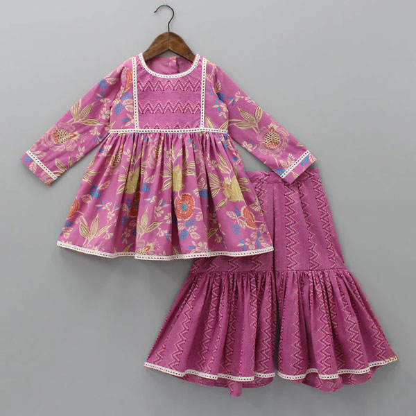 A Vibrant Blossom Ensemble: Multicolor Floral Full sleeve tops with Sharara 18090