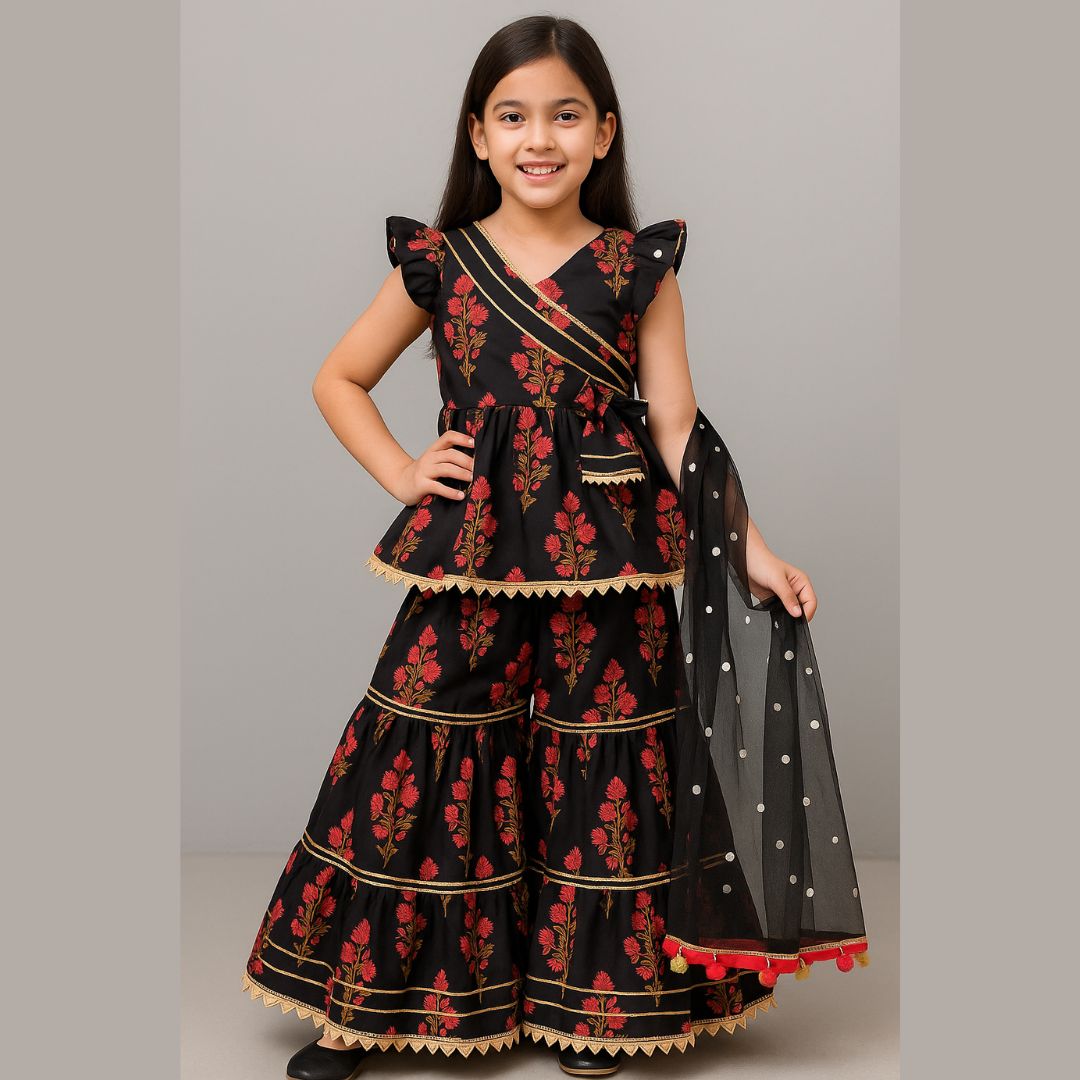 Vibrant Blossom Ensemble: Multicolor Floral Top with Sharara and Gota Lace Dupatta 1712